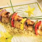 Pork and exotic fruit kebabs