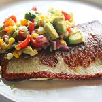 Pan-fried whitefish with corn, avocado, lime and basil relish