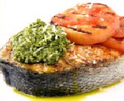 Salmon Steaks with Basil-Parmesan Pesto and Grilled Tomatoes