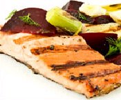 Maple-marinated Salmon with Beet Salad and Grilled Leeks